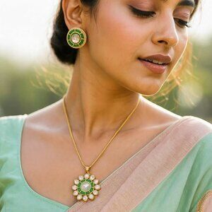 Elegant Golden Polish Moissanite Polki Pendant Necklace & Earring Set